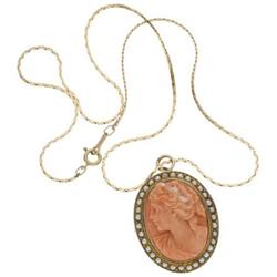 Coral Cameo, Half-Pearl, Gold Pendant-Brooch