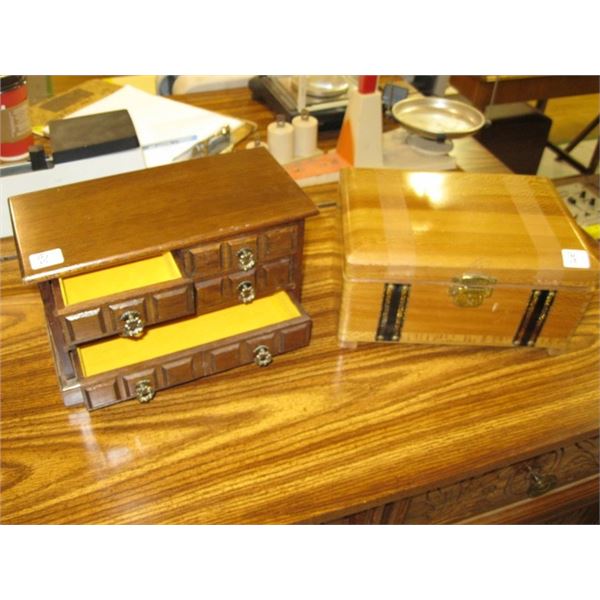 2 WOODEN CASED JEWELLERY BOXES