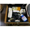 Image 2 : BOX WITH MISC. GUN TRIGGER GUARDS, CLEANING SUPPLIES & A GOLD PANNING PAN