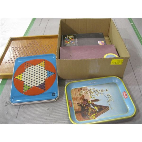 BOX OF MISC. METAL GAME BOARDS, COKE TRAY, SCRABBLE GAME, ETC.
