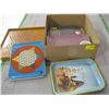 Image 1 : BOX OF MISC. METAL GAME BOARDS, COKE TRAY, SCRABBLE GAME, ETC.