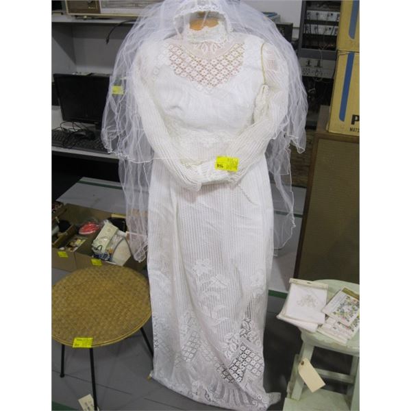 WEDDING DRESS WITH MANNEQUIN, CAKE TOPPER, INVITATIONS, ETC.