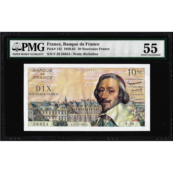1959-1963 France Banque de France 10 Nouveaux Francs Note Pick# 142 PMG About Uncirculated 55