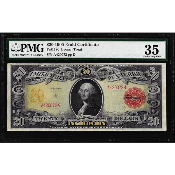 1905 $20 Technicolor Gold Certificate Note Fr.1180 PMG Choice Very Fine 35