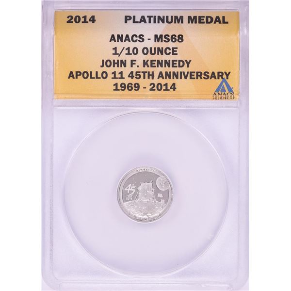 2014 Proof 1/10 oz Platinum JFK Apollo 11 Anniversary Medal ANACS MS68