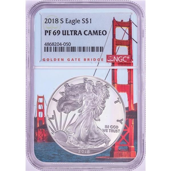 2018-S $1 Proof American Silver Eagle Coin NGC PF69 Ultra Cameo Bridge Core