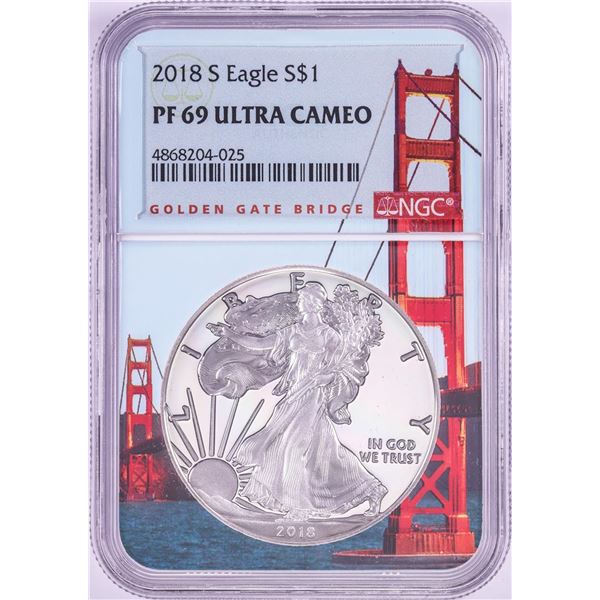 2018-S $1 Proof American Silver Eagle Coin NGC PF69 Ultra Cameo Bridge Core