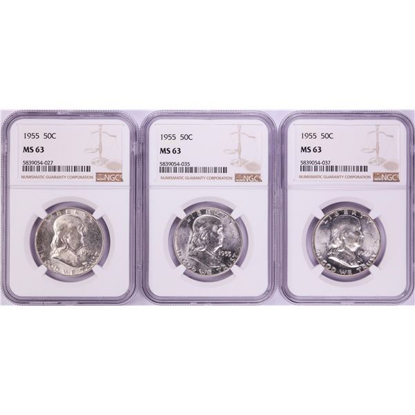 Lot of (3) 1955 Franklin Half Dollar Coins NGC MS63