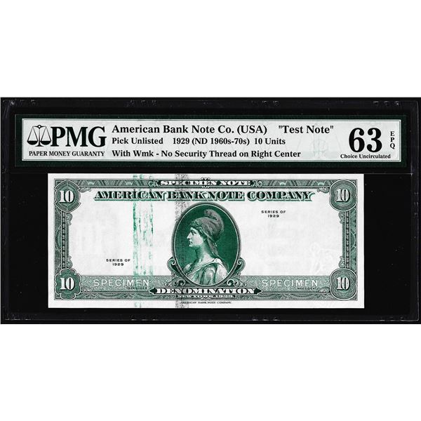 1929 10 Unit American Bank Note Co. "Test Note" PMG Choice Uncirculated 63EPQ