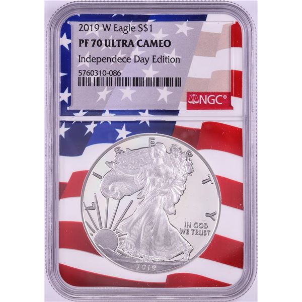 2019-W $1 Proof American Silver Eagle Coin NGC PF70 Ultra Cameo Independence Day Flag