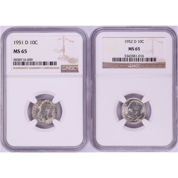 Lot of 1951-D & 1952-D Roosevelt Dime Coins NGC MS65