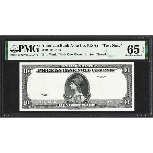 1929 10 Unit American Bank Note Co. "Test Note" PMG Gem Uncirculated 65EPQ