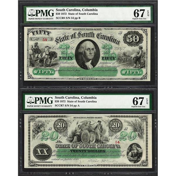 Low Serial Set 1872 $20 & $50 South Carolina Obsolete Notes PMG Superb Gem Unc. 67EPQ