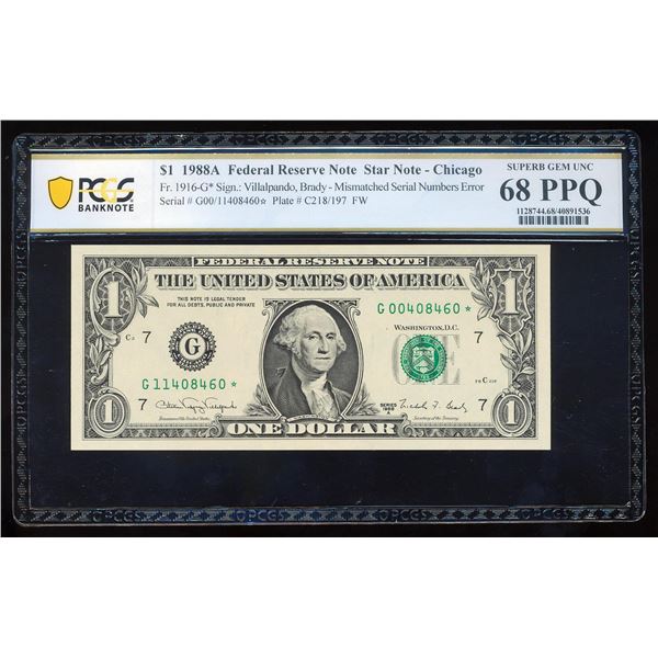 1988A $1 Federal Reserve STAR Note Mismatched Serial Number ERROR PCGS Sup. Gem 68PPQ