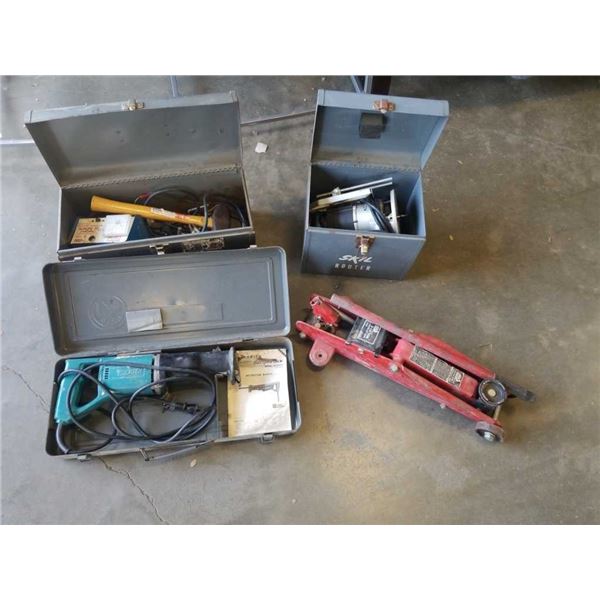 ROUTER, MAKITA SAWZALL, TOOLBOX WITH CONTENTS AND TROLLEY JACK