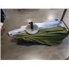 Image 1 : Blue crank patio umbrella with cement base and green patio umbrella