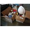 Image 1 : 2 boxes of cleaning fluids and hard hat