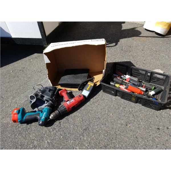 Box and tray of drills and screwdrivers with digital scale