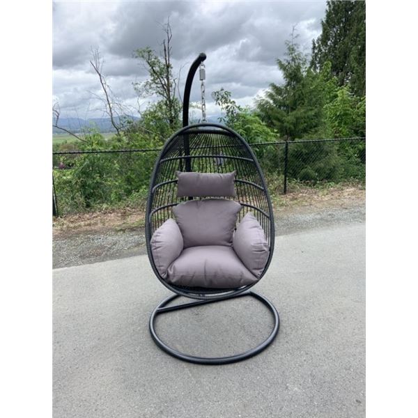 BRAND NEW DARK GREY SINGLE HANGING EGG CHAIR - RETAIL $949 W/ NECK PILLOW, FOLDABLE FRAME, POWDER CO