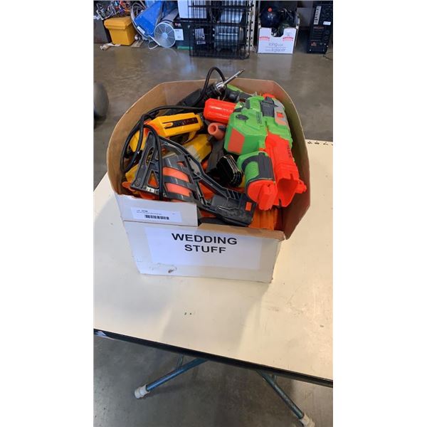 Box of nerf guns and screw gun