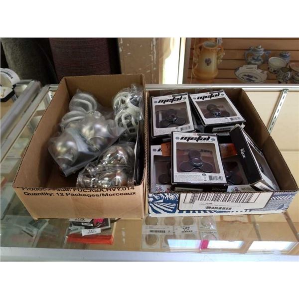 2 boxes of metal fidgit spinners and curtain rod ends