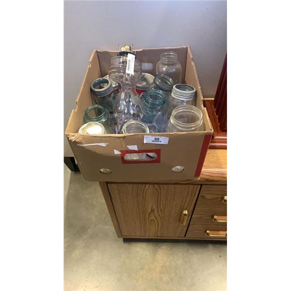 Box of mason jars with Amethyst glass Kerosene lamp and pitcher