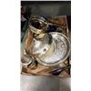 Image 1 : TRAY OF SILVER PLATE AND BRASS SERVING PIECES, CANDLE STICKS