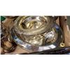 Image 3 : TRAY OF SILVER PLATE AND BRASS SERVING PIECES, CANDLE STICKS