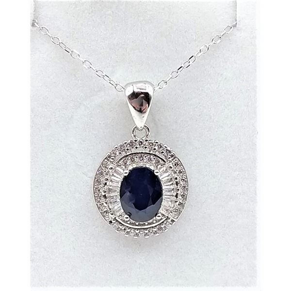 STERLING SILVER PENDANT AND CHAIN SET W/ NATURAL SAPPHIRE AND CZ W/ APPRAISAL $915