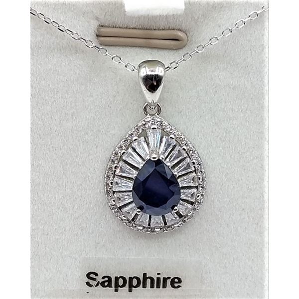 STERLING SILVER PENDANT AND CHAIN SET W/ PEAR SHAPE SAPPHIRE 3.2CTS AND 55 CZ W/ APPRAISAL $1255