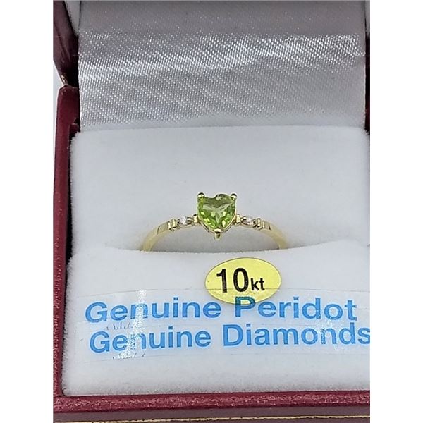 10KT YELLOW GOLD 5.13MM X 5MM GENUINE PERIDOT .5CT AND DIAMOND .02CT HEART RING W/ APPRAISAL $1545