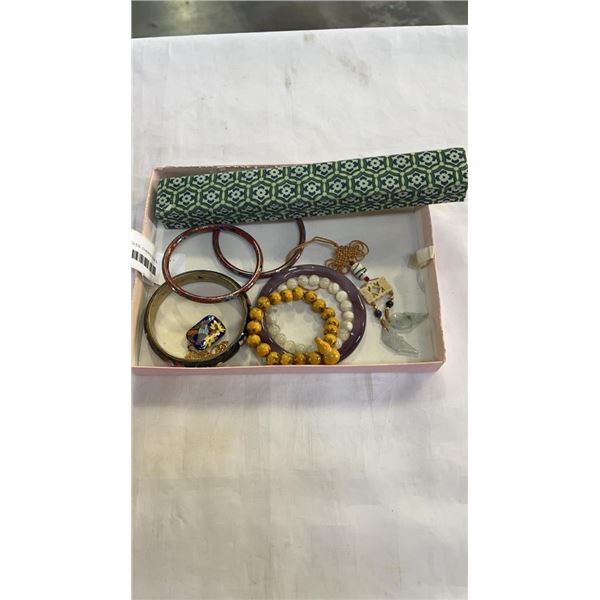 CLOISONNE BANGLES, CHOPSTICKS, STONE BANGLE AND BEAD BRACELETS