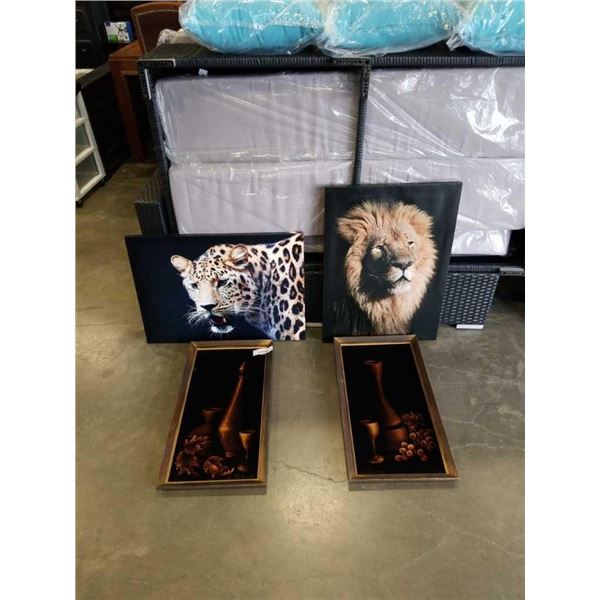 2 VELVET PAINTINGS - ONE HAS RIP AND 2 CANVAS PRINTS - LION AND LEOPARD