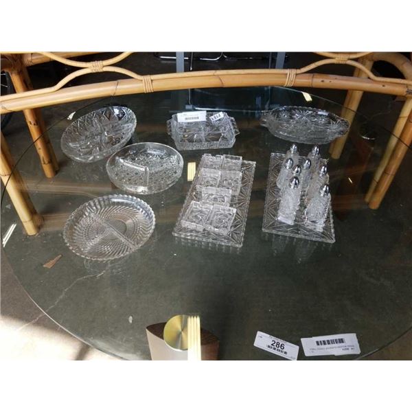 LOT OF CRYSTAL DIVIDED SERVING DISHES, SALT AND PEPPERS, ETC