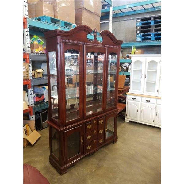 2 PIECE MAHOGANY FINISH GLASS DOOR DISPLAY CABINET