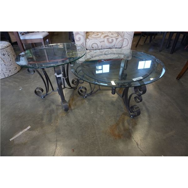 Metal base coffee and end table with glass top