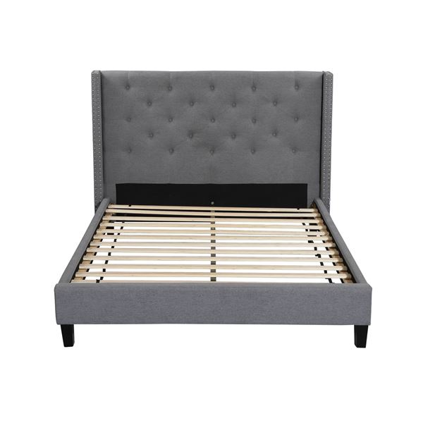 BRAND NEW QUEENSIZE "MEGAN" GREY FABRIC BEDFRAME - RETAIL $999