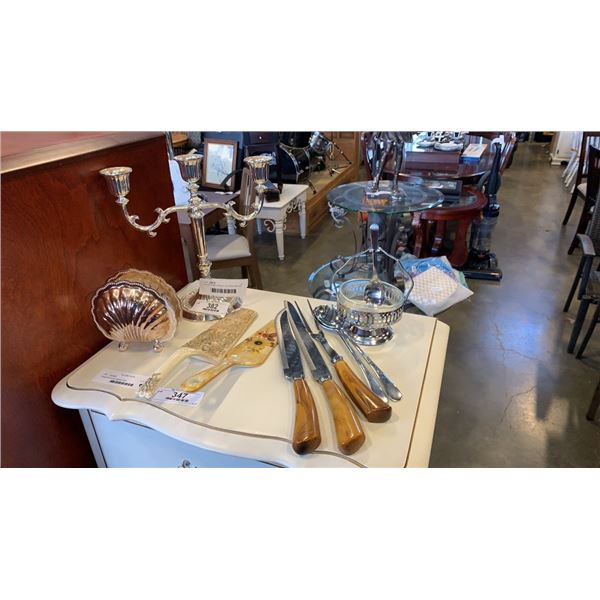 SILVER PLATE DISHES, CUTRON KNIFE SET, AND SERVING PIECES