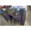 Image 1 : Brown dining table with leather wrap legs and 4 stitched chairs