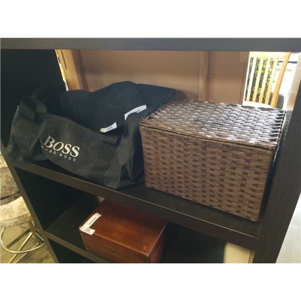 HUGO BOSS DUFFEL BAG AND BASKET OF ASSORTED JEWELRY, WATCH, ETC