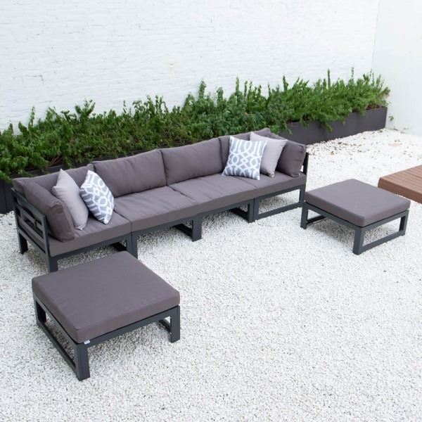 BRAND NEW LUXURY SLATTED ALUMINUM 6 PIECE OUTDOOR MODULAR SOFA SET W/ DARK GREY CUSHIONS - RETAIL $2