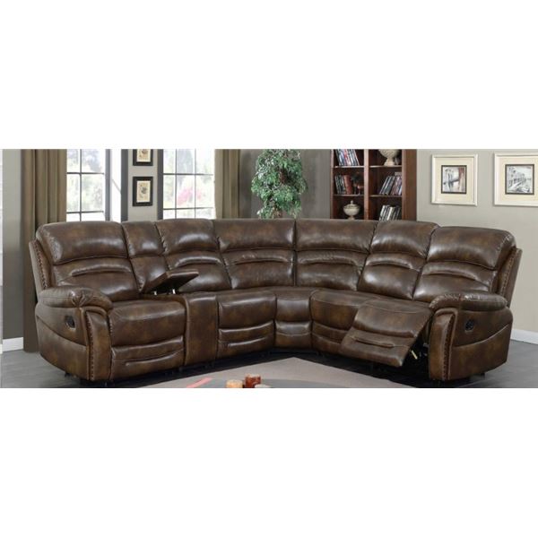 BRAND NEW BROWN STITCHED AIR LEATHER 3PC CORNER RECLINING SECTIONAL W/ CONSOLE, CUP HOLDERS AND BRAS