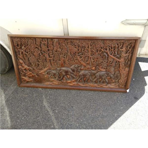 LARGE CARVED JUNGLE WALL ART - 59 X 27 INCHES , ELEPHANTS, MONKEYS, TIGER, TREES