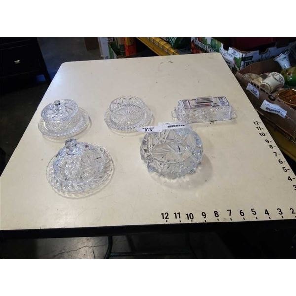 HEAVY CRYSTAL ASH TRAY, BUTTER DISH,  AND CRYSTAL COVER DISHES