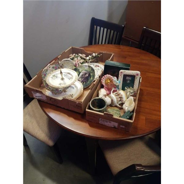 2 TRAYS OF CHINA, CAKE PLATTERS, FLORALS, COLLECTABLES, BELEEK PICTURE FRAME, STONE JAR