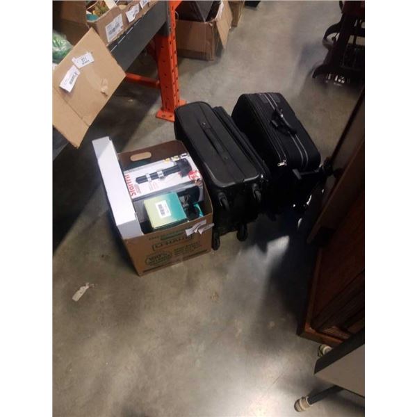 2 LUGGAGE BAGS AND BOX OF ESTATE GOODS, CLOCK, ROTATO EXPRESS