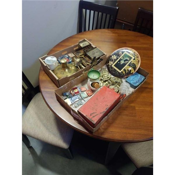 LOT OF VINTAGE COLLECTABLES, BRASS ITEMS, HORSE MEDALLIONS, SCALE, SHIPS DECANTER, LIGHTERS