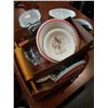 Image 2 : BOX OF TRAY OF KITCHEN ITEMS, ROLLING PIN, PITCHER, BAKING DISHES, PLATTERS