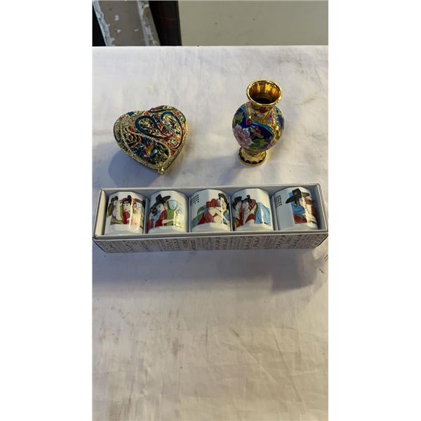 CLOISONNE VASE, ENAMELED JEWELRY BOX AND EROTIC MINI MUG SET