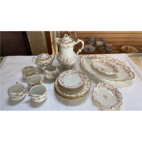 RAWO AND DOTTER ELITE WORKS LIMOGES CHINA TEAPOT, CREAM AND SUGAR, PLATTER AND CUPS AND SAUCERS